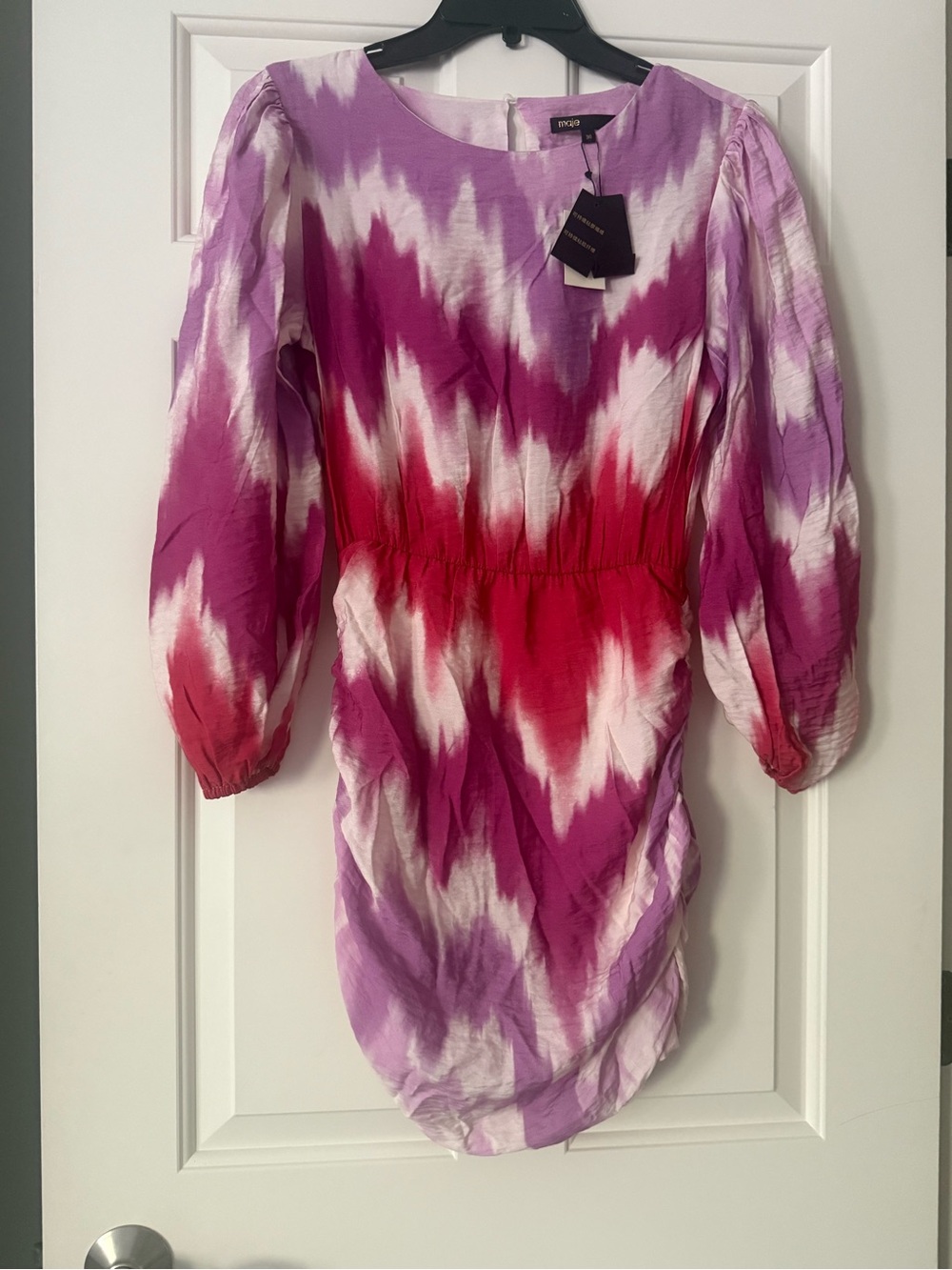 Maje Tie-Dye Puff Sleeve Dress in Pink, Purple & White